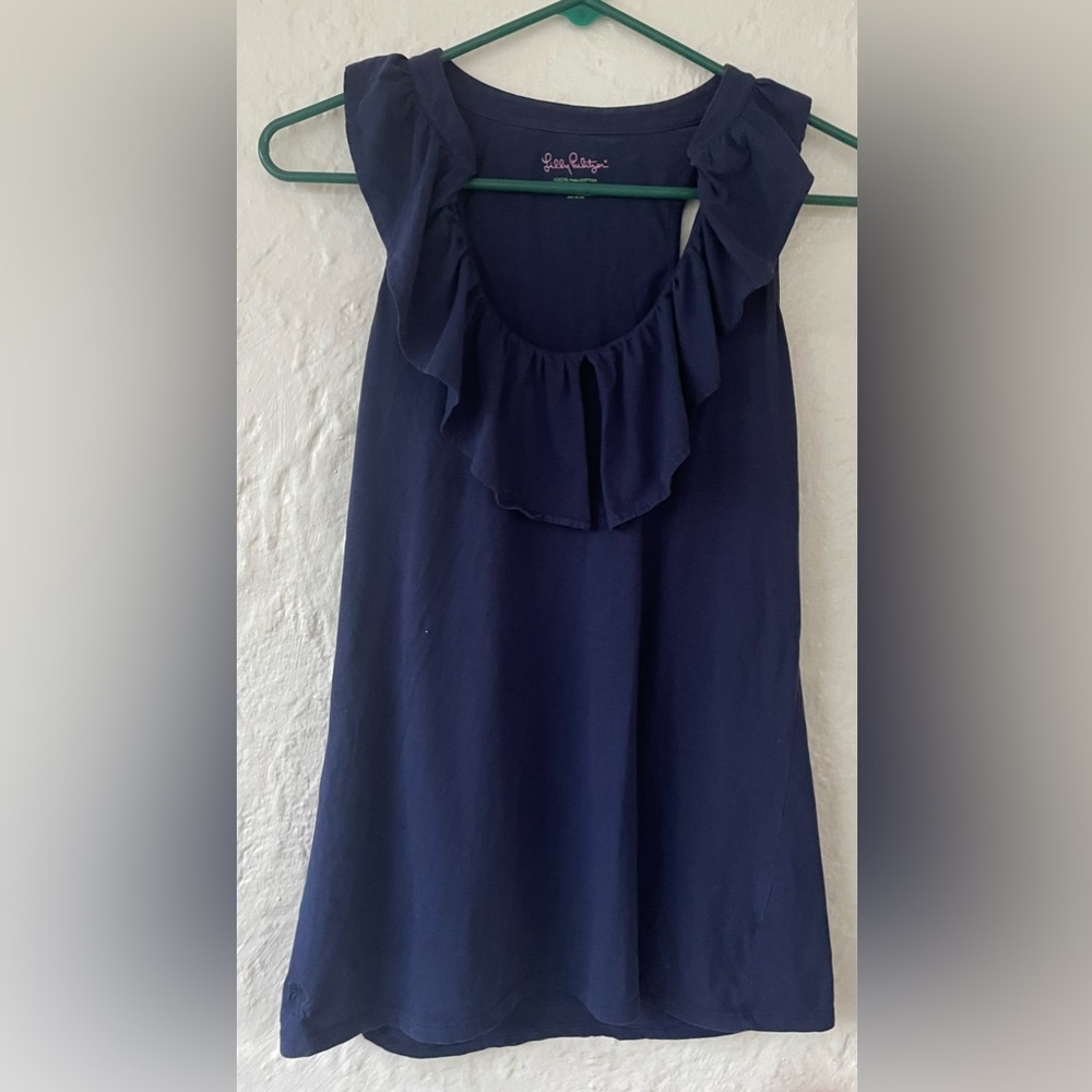 Lilly Pulitzer Womens Tank Top Blue Sleeveless Scoop Neck Ruffles Pima Cotton L